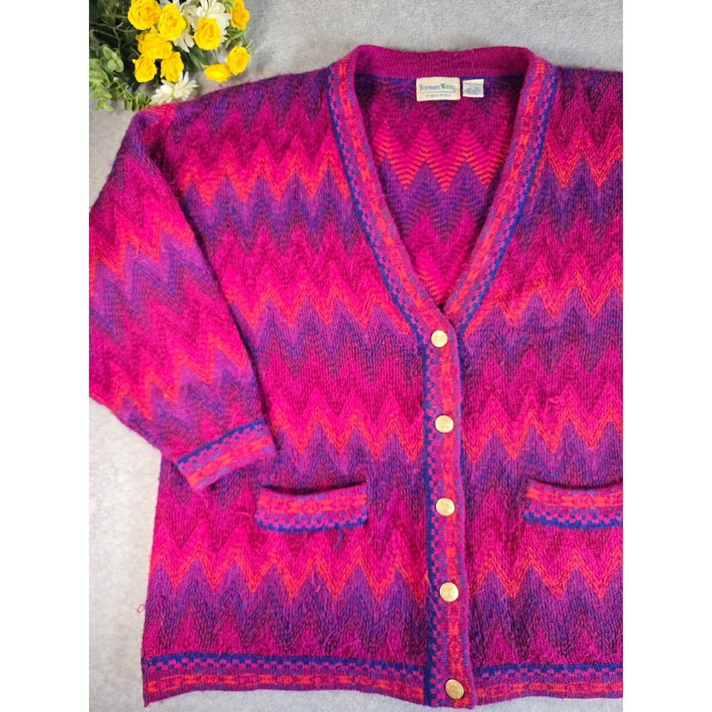 Vintage Boundary Waters 2X Cardigan Sweater Pink Purple Chevron Wool Blend 80s